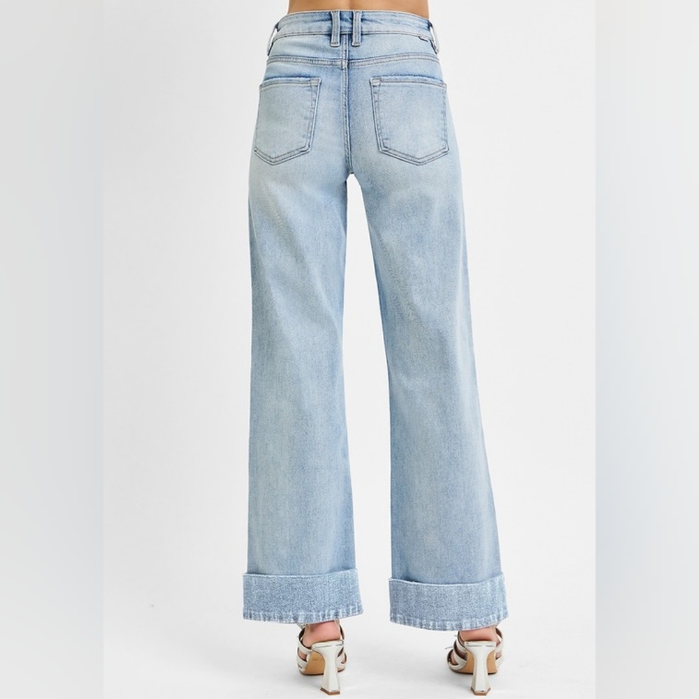 RISEN High-Rise Tummy Control Waist Pants Wide Leg Crop Cuffed Hem Denim Jeans - Picture 6 of 13